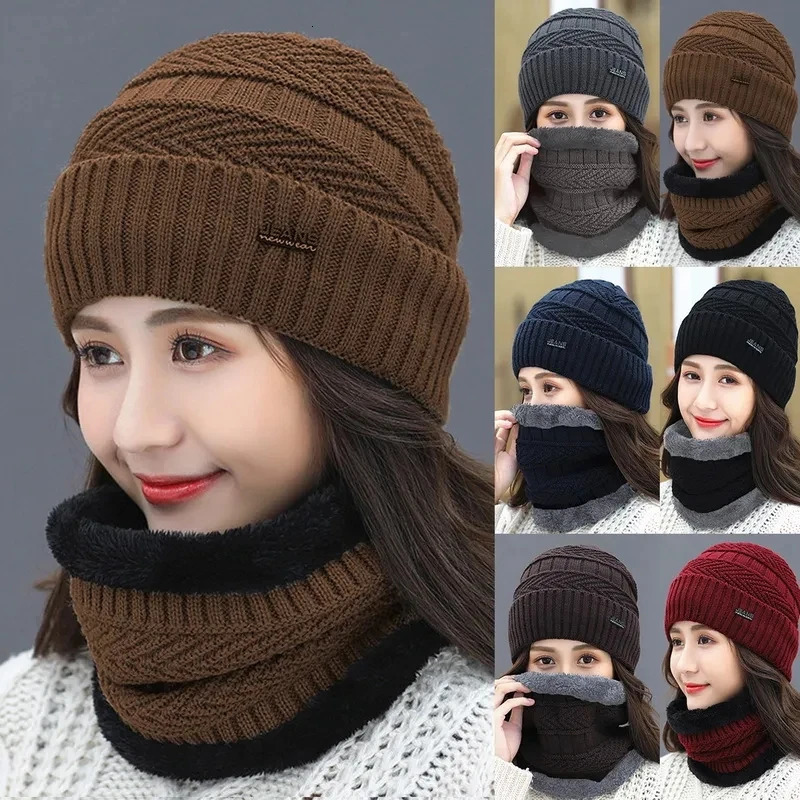 BeanieSkull Caps TwoPiece Set Fashion Women Knitted Hat Scarf Neck Warmer Winter Hats For Men Skullies Beanies Warm Fleece Cap 231109