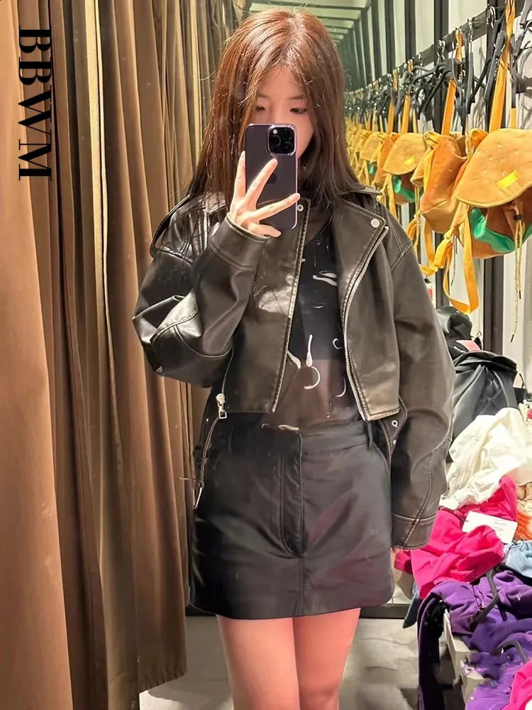 Women's Jackets TRAF Women Oversized Vintage Loose Pu Faux Leather Short Jacket with Belt Streetwear Female Zipper Retro Moto Biker Coat Outwear 