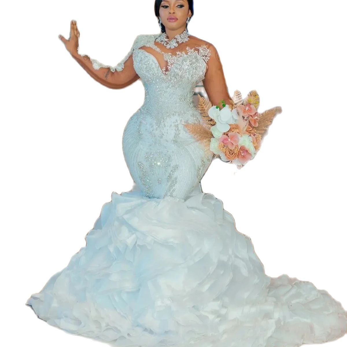 Luxury Beads Mermaid Wedding Dress Full Crystal Shiny Bridal Gown Romantic Long Sleeve Vestidos De Novia Custom Made