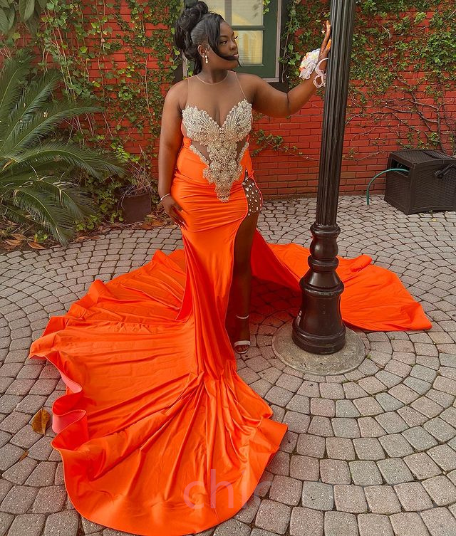 April Aso Ebi Orange Mermaid Prom Lace Beaded Crystals Evening Formal Party Second Reception Birthday Engagement Gowns Drs Robe De Soiree ZJ 6660306