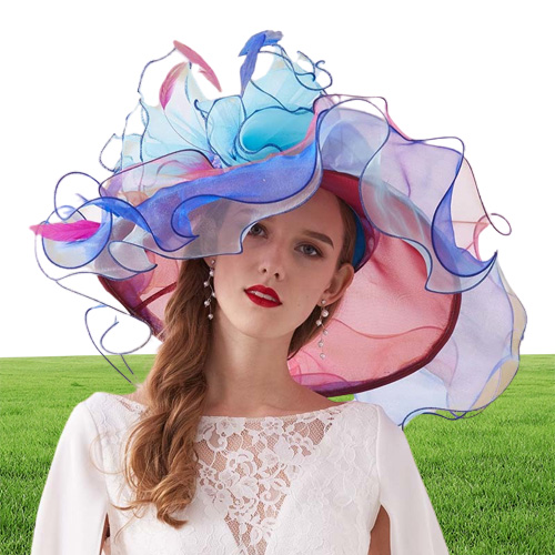 FS Pink Organza Kentucky Derby Hat For Women Wide Brim Beach Big Sun Hats Flowers Elegant Ladies Wedding Church Party Fedoras 2103