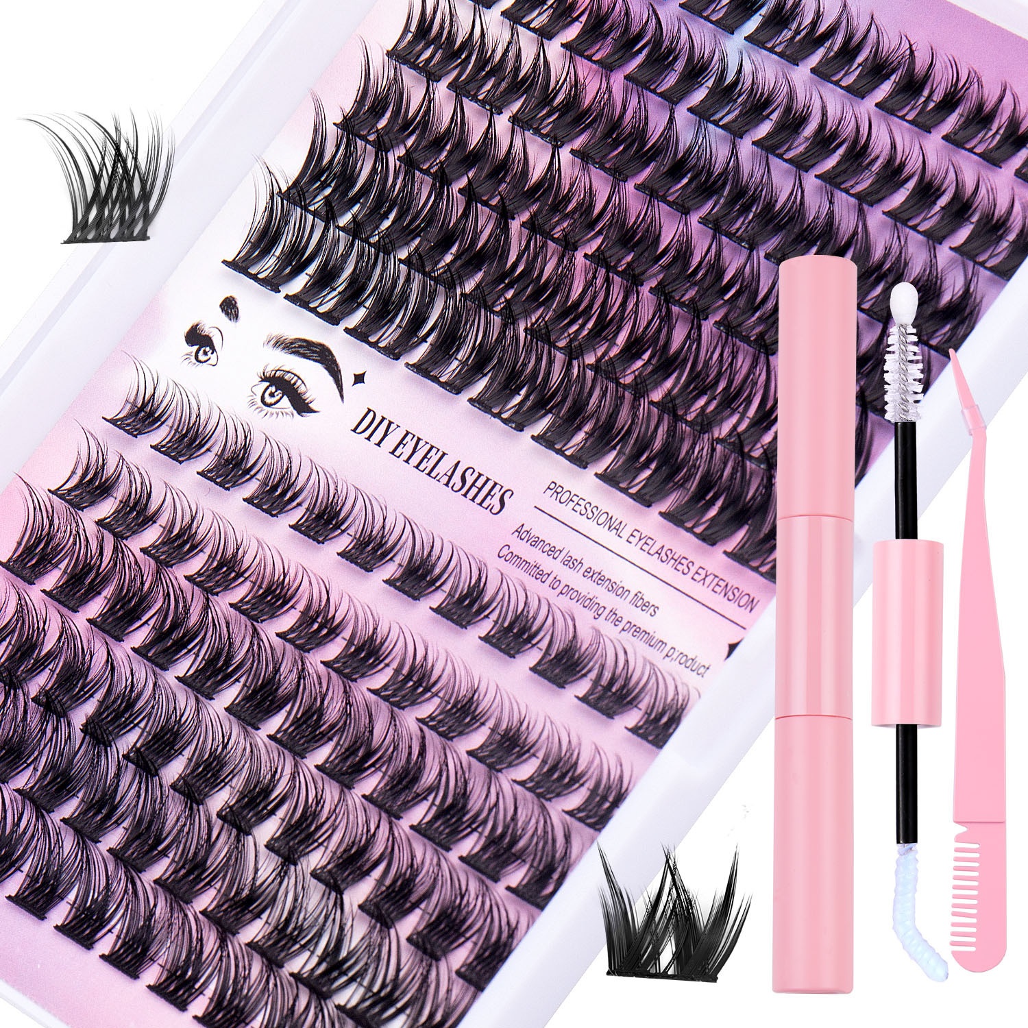 Handmade 126 Clusters Grafting False Eyelashes 10-14mm Slender & Dense Reusable DIY Segmented Lashes Extensions with Adhesive Tweezer Eyelash Brush