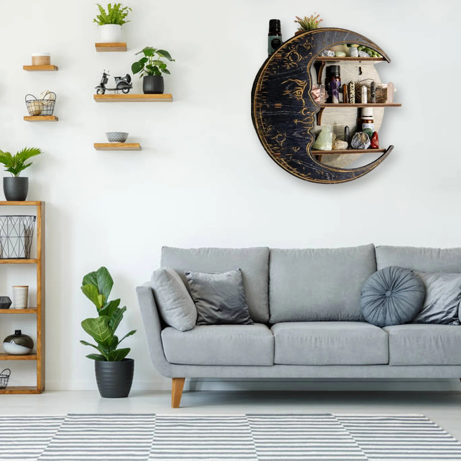 Christmas Decorations Decor for Crystal Essential Oil Nursery Wooden Moon Shelf Living Room Rustic Display Rack Wall Hanging Storage Rack Bedroom Home