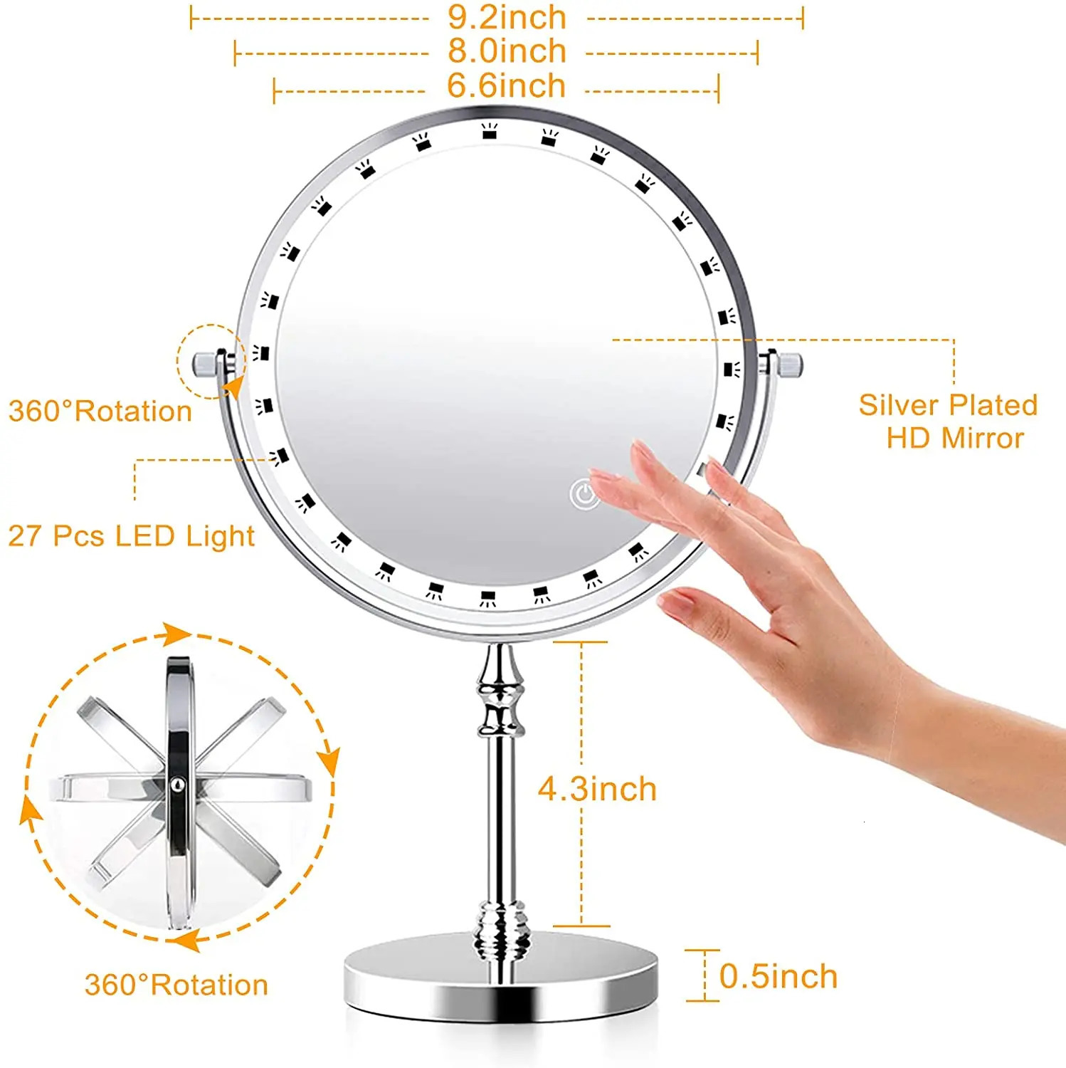Compact Mirrors Makeup Mirror USB Rechargeable 7 Inch 3 Color Lights Two Sided Magnification LED Vanity Mirror Touch Cosmetic Mirrors 231109