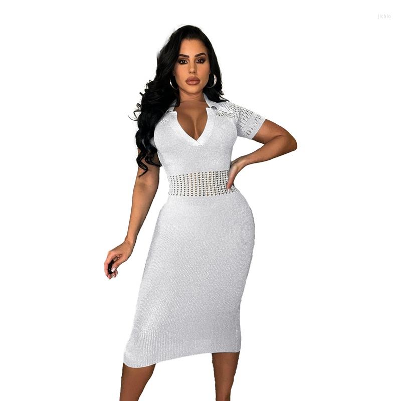 Casual Dresses Women Knit Crochet Midi Dress 2024 Summer Short Sleeve Turn Down Collar Skinny Package Hip Sexy Club Party Streetwear