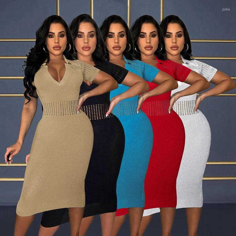Casual Dresses Women Knit Crochet Midi Dress 2024 Summer Short Sleeve Turn Down Collar Skinny Package Hip Sexy Club Party Streetwear