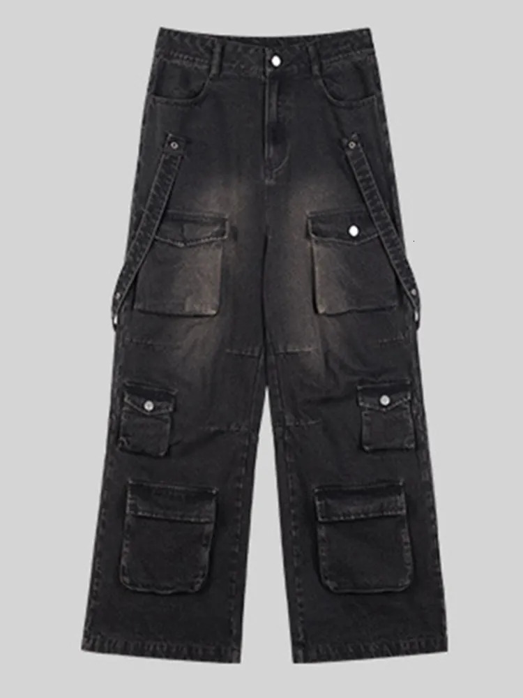 Men's Jeans PFNW Summer Men's American High Street Multi Pocket Wide Leg Jeans Loose Hip Hop Straight Techwear Denim Handsome Pants 12Z1496 