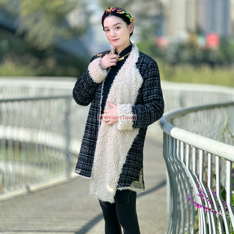 China Himalayan Tibetan Winter Clothing Women Lhasa Coat Tibet Holidays Black Beige Taking Photo Tour Costume Ethnic Improved Overcoat