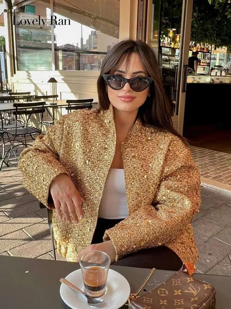Women's Jackets Fashion Sequin Coat For Women Pocket Long Sleeve Stand Collar Gold Female Jacket Autumn Single Breasted Lady Y2k Outwear Top 2311