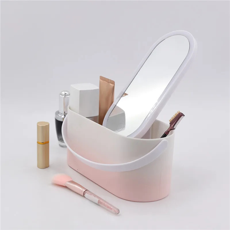 Compact Mirrors Makeup Organizer Box with LED Light Mirror Portable Travel Makeup Cosmetics Organizer Touch Light Storage Makeup Case H JOY 231109
