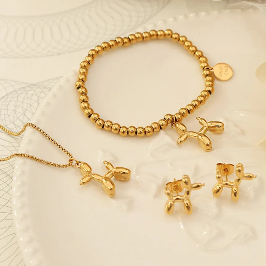Stud 316L Stainless Steel Simple Wild Air Dog Necklace Bracelet Earrings Fashion Ladies Set SAN515 231109