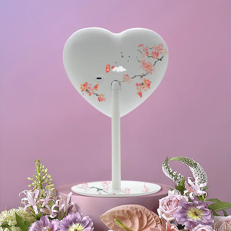 Compact Mirrors Desktop Led Heart Shape Vanity Mirror Adjustable Three-color Light Cosmetic Rechargeable Makeup Mirrors 231109