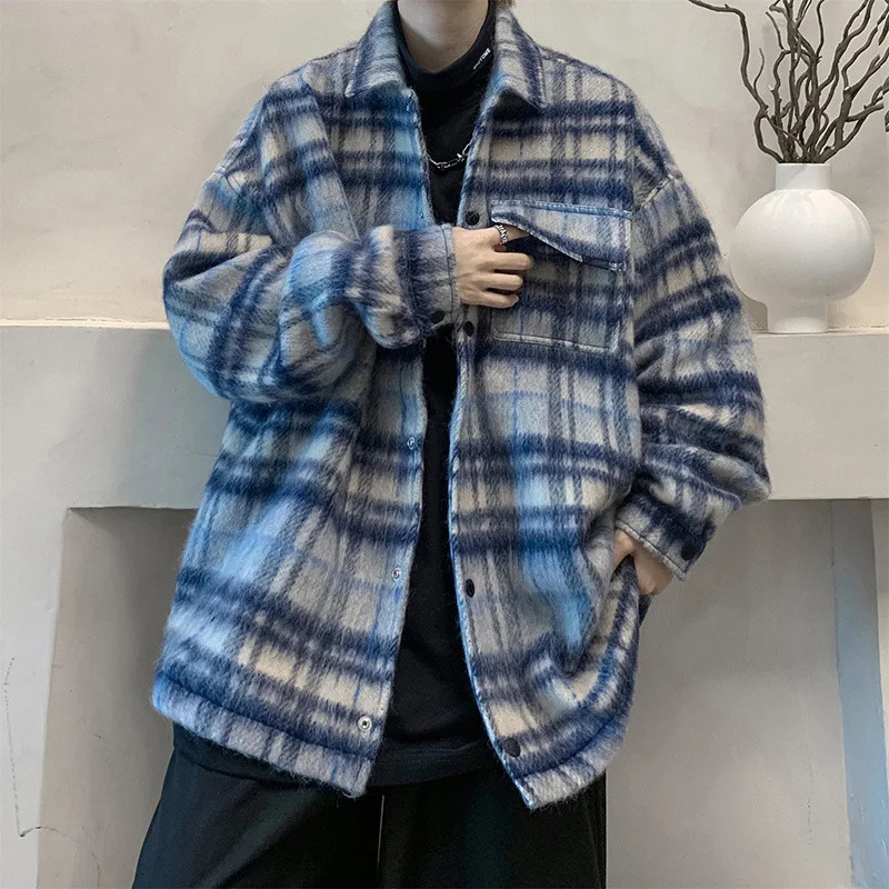 Men's Down Parkas Autumn Winter Woolen Coat Men Lamb Fleece Lapel Single Breasted Plaid Shirt Street Trend Allmatch Loose Couple Streetwear 23110