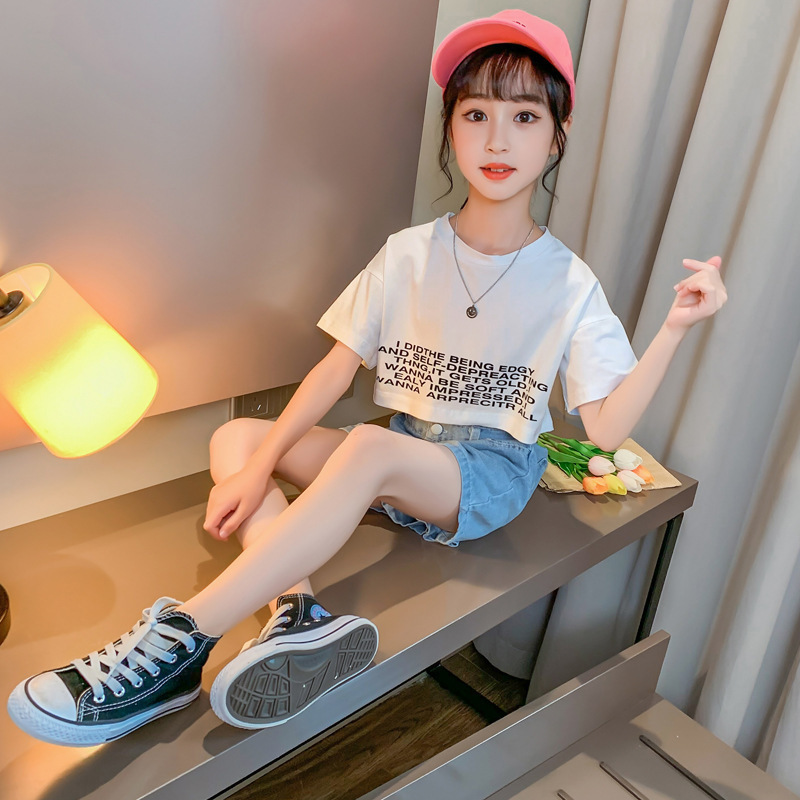 Clothing Sets Summer Children's and Girls' Clothing Set Youth Girls Crop Top T-shirtDenim Shorts 2 Pieces Girls' Clothing Baby Girls�