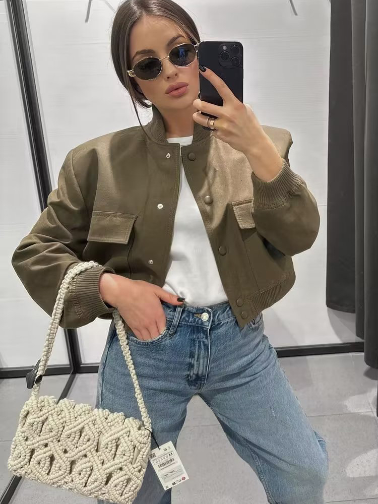Women s Jackets SLTNX TRAF Fashion Women Bomber 2023 Spring Antumn Female Long Sleeve Coats Ladies Big Pockets Outerwear 230410