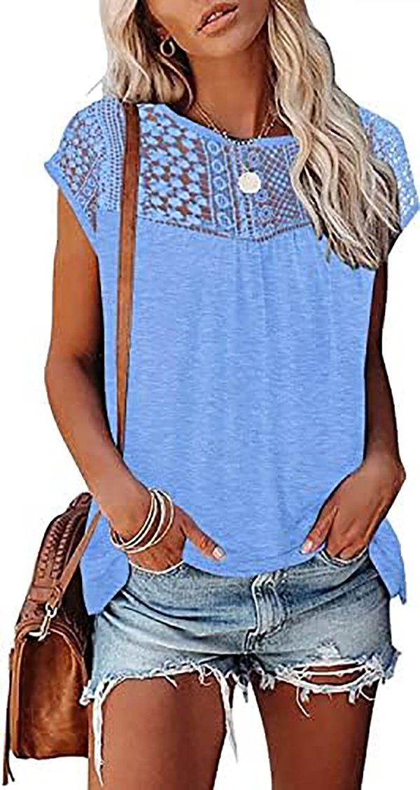 Womens Cap Sleeve Tops 2023 Trendy Floral Print Summer Tops Loose Fit Lace T Shirts Blouses
