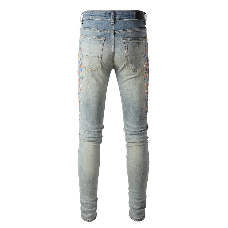 Casual men high street washed multi pocket blue splatter skinny light elastic jean