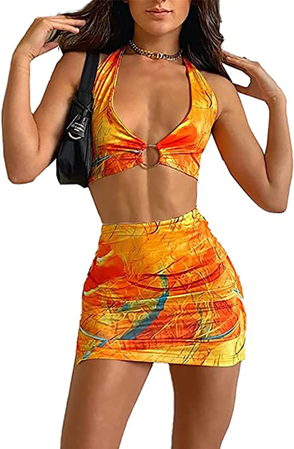 Womens Halter Tie Dye Two Pieces Sets Y2K Fashion Outfits Sleeveless Tops and Short Skirt