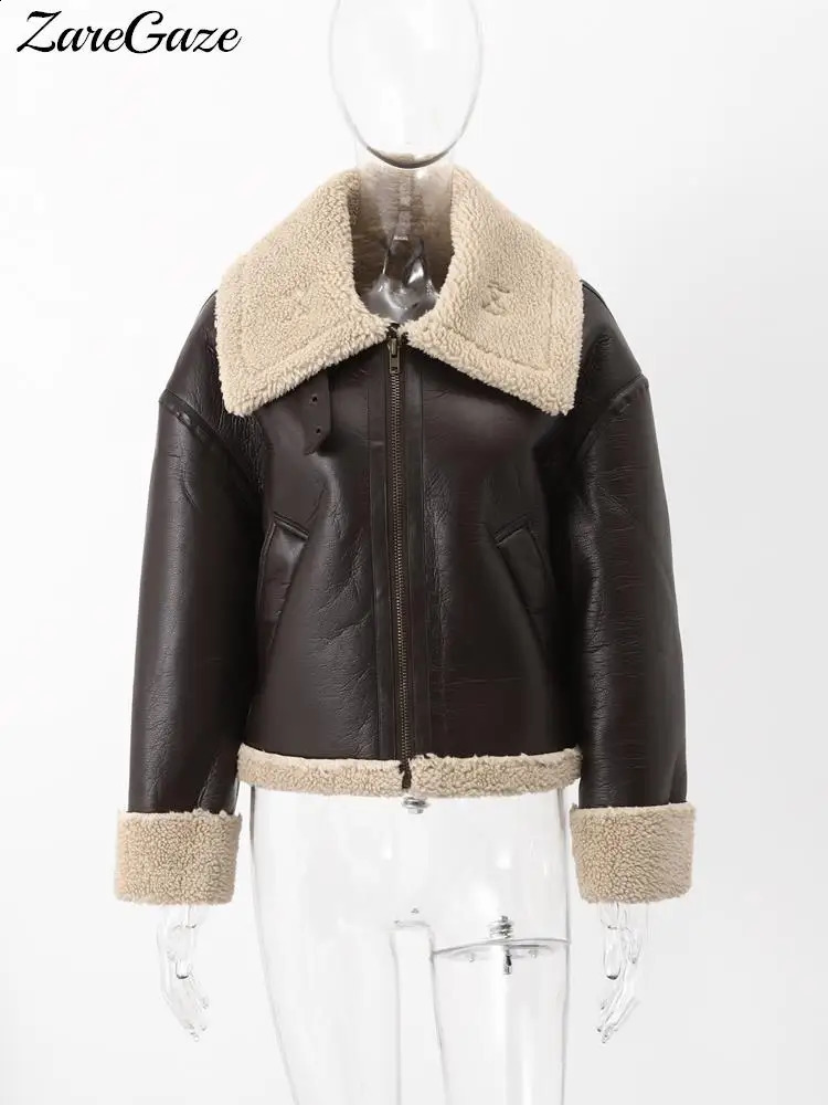 Women's Jacket's Fur Integrated Jackets Lambswool Lapel Zipper Pocket Brown Fleece Coat Female 2023 Winter Thickened Warm Lady Outwear 23110