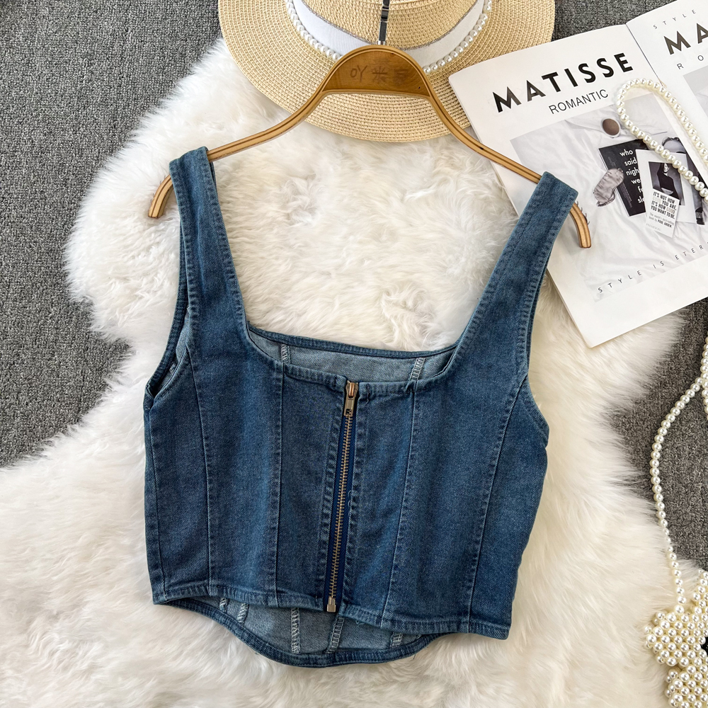 Camisoles Tanks Vintage denim Women's Tank Top Versatile Casual Sleeveless Zipper Panel Women's Cross Top Elegant and Unique Tank Top 230410