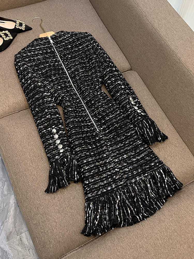 2023 Summer Black Tweed Glitter Tassel Dress Long Sleeve Round Neck Knee-Length Buttons Casual Dresses D3A09