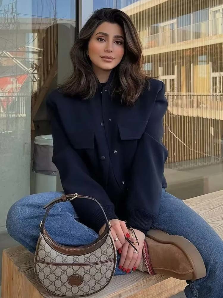 Women s Jackets TRAF 2023 Bomber Jacket Fashion With Pockets Spring Coat Vintage Long Sleeve Casual In Outerwears Chic Tops 230410