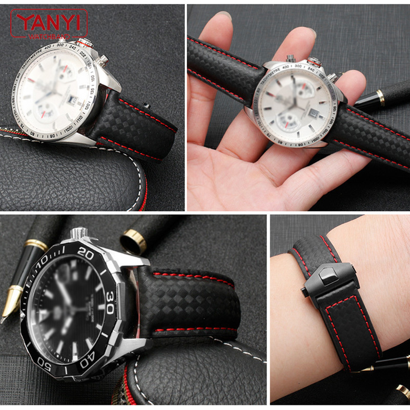 Watch Bands Carbon fiber pattern genuine leather strap 20mm 22m suitable for labeling He uer watch strap 230410