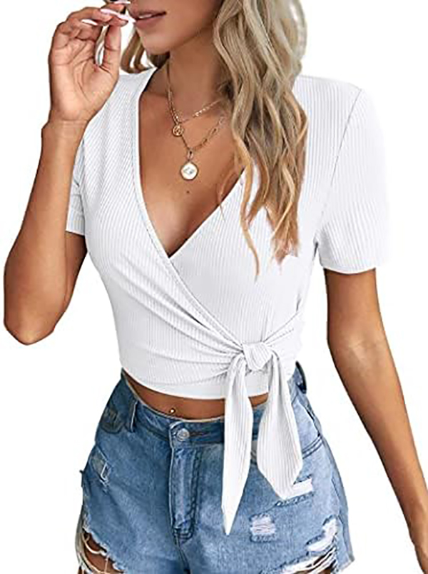 Crop Tops for Women Summer Cute Tops with Deep V Neck Shirts Unique Cross Wrap Slim Fit Tie Up Front Short Sleeve
