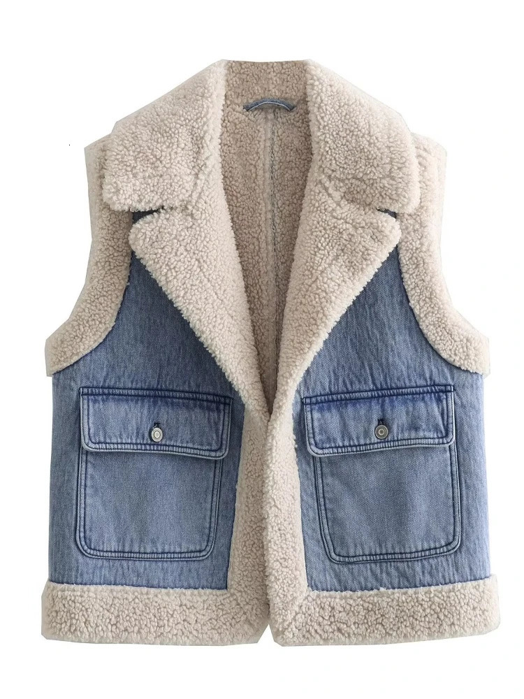 Womens Fur Faux Lambwool Plush Waistcoat Jackets Sleeveless Thicken Retro DoubleFaced Cotton Vest Denim Fabric Patchwork Vests Women 231110