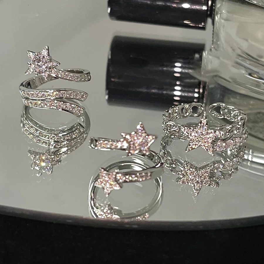 Band Rings Y2K Shiny Star Opening Sweet Harajuku Pentagram Bling Crystal Adjustable Ring Fashion Jewelry for Women Gifts 230410