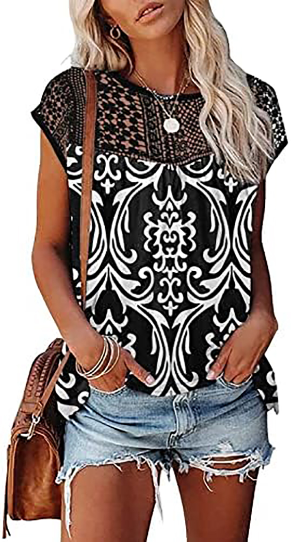 Womens Cap Sleeve Tops 2023 Trendy Floral Print Summer Tops Loose Fit Lace T Shirts Blouses