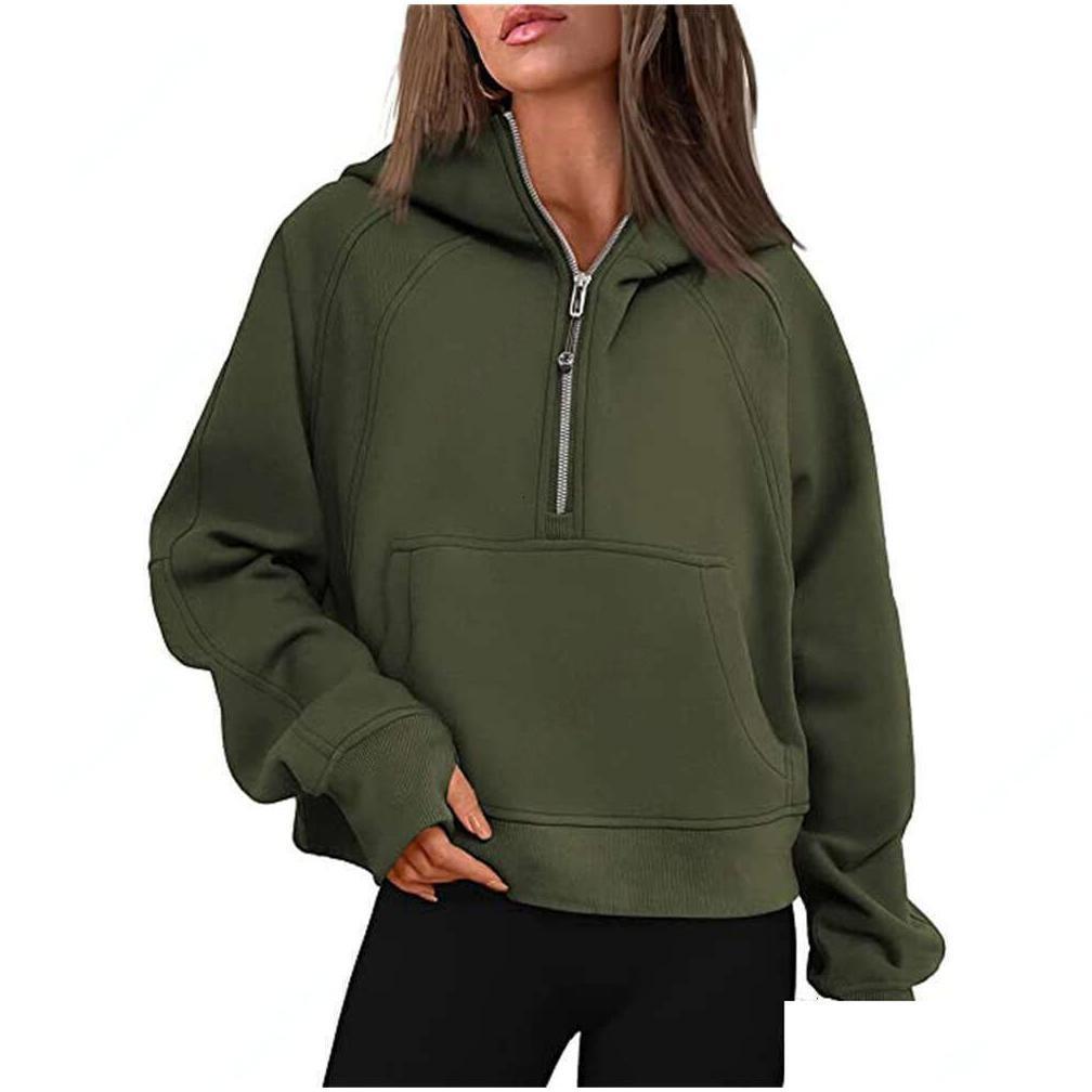 Lemens-43 Autumn Winter Yoga Suit Scuba Hoodie Half Zip Womens Sports Sweater Loose Gym Jacket Fiess Short Plush Coat Drop Deliver Dhd7A
