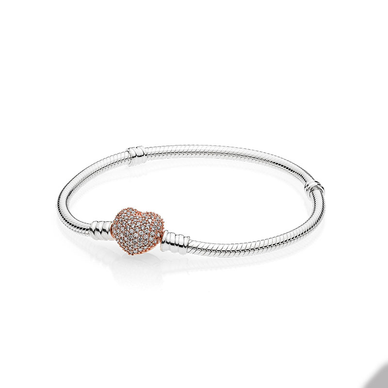 Rose Gold Heart Pave Clasp Charm Bracelet 925 Sterling Silver Snake Chain Bracelets For Women Girlfriend Gift Hand chain with Retail Box