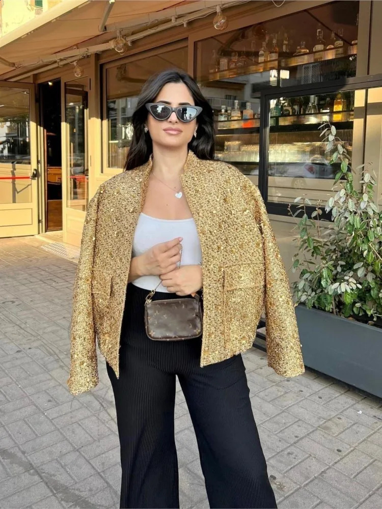 Women's Jackets Chic Shinny Sequin Women Cropped Jacket Stand Collar Long Sleeve Lady Solid Coat 2023 Autumn Female Gold Street Overcoat 231109