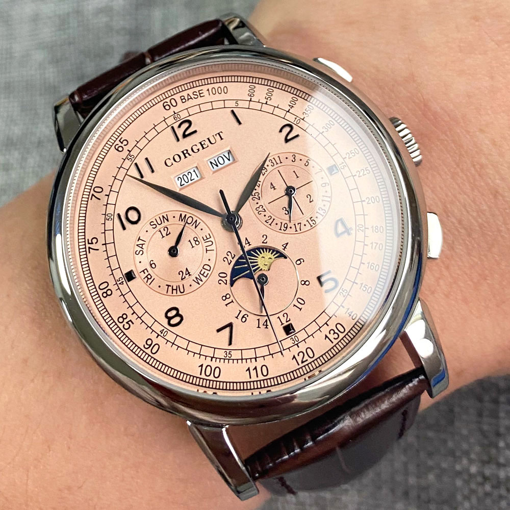 Wristwatches Corgeut 42mm Automatic Mens Watch Week Date Month Year Rose Gold Dial Moon Phase Multifunction 316L Leather Strap Polished 230410, C silver
Wristwatches Corgeut 42mm Automatic Mens Watch Week Date Month Year Rose Gold Dial Moon Phase Multifunction 316L Leather Strap Polished 230410, C silver
