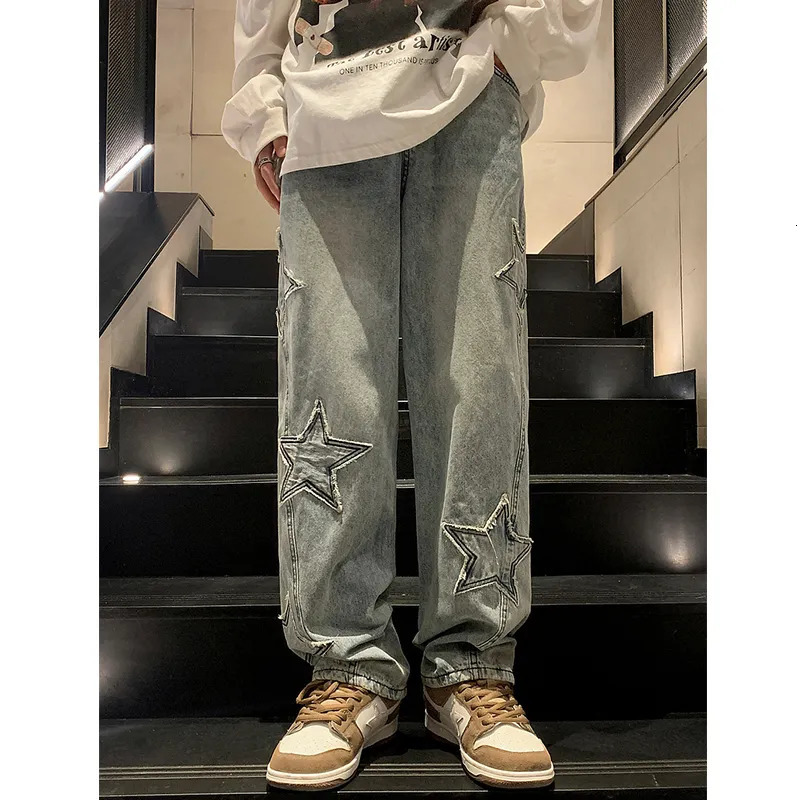 Men's Jeans Star Embroidery Straight Casual Men Jeans Gothic Neutral Wide Leg Loose Hip-hop Fashion Youth Streetwear Denim Trousers Y2K 231110