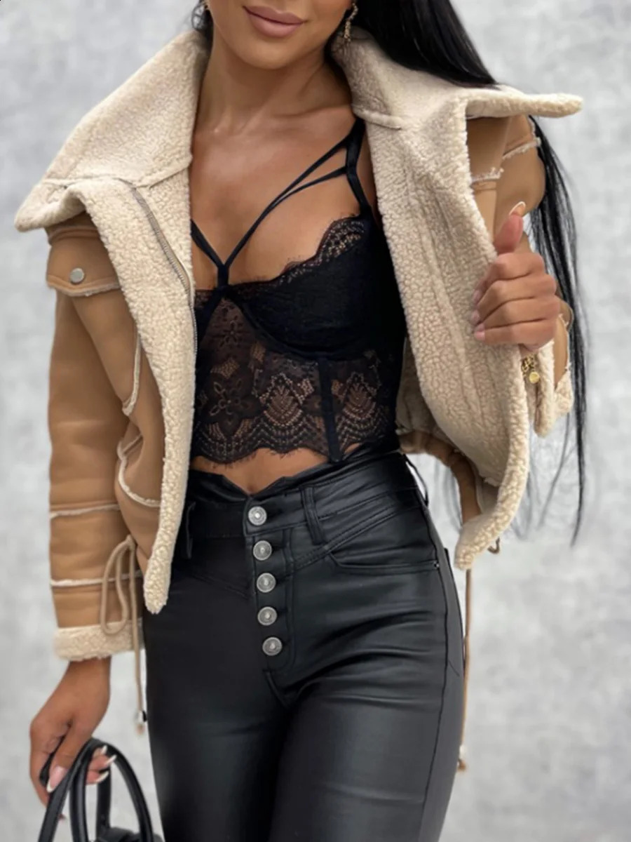 Women PU Faux Fur Leather Jacket Open Front Casual Furry Collar Lapel Short Parka Coat Warm Cardigan with Belt Outwear 241223