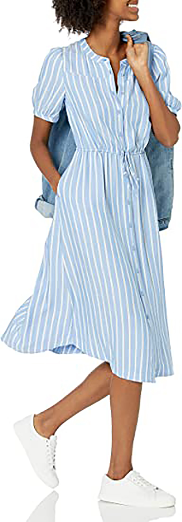 Women's Half-Sleeve Waisted Midi A-Line Dress Blue/White French Stripe Large