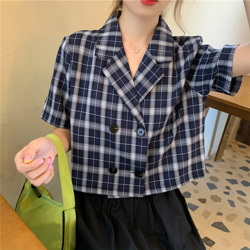 Women's Blouses Shirts Loose fitting women's plain top retro Korean sweetheart notch Ins fashionable slim casual chic summer loose fitting 2