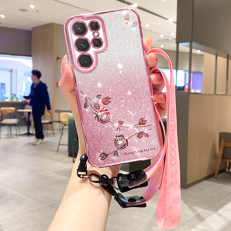 S25 Edge Crossybody Strap Flower Bling Diamond Cases For Samsung S24 Ultra Plus A17 A07 A26 A06 A36 A56 A15 A05S A05 A25 Gradient Glitter Soft TPU Chr