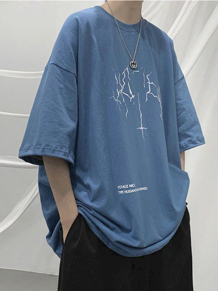 Men's T-Shirts Summer oversized T-shirt men's T-shirt women's lightning printed short sleeved T-shirt retro dark jacket Korea loose tre
