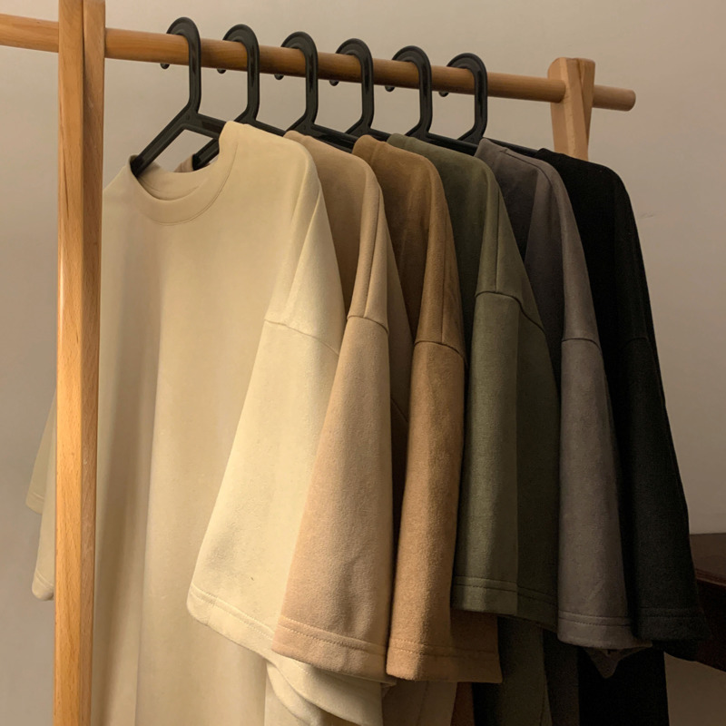 Men's T-Shirts Privatinker American retro men's T-shirt suede solid color loose fitting fashion top casual short sleeved men's T-shirt 