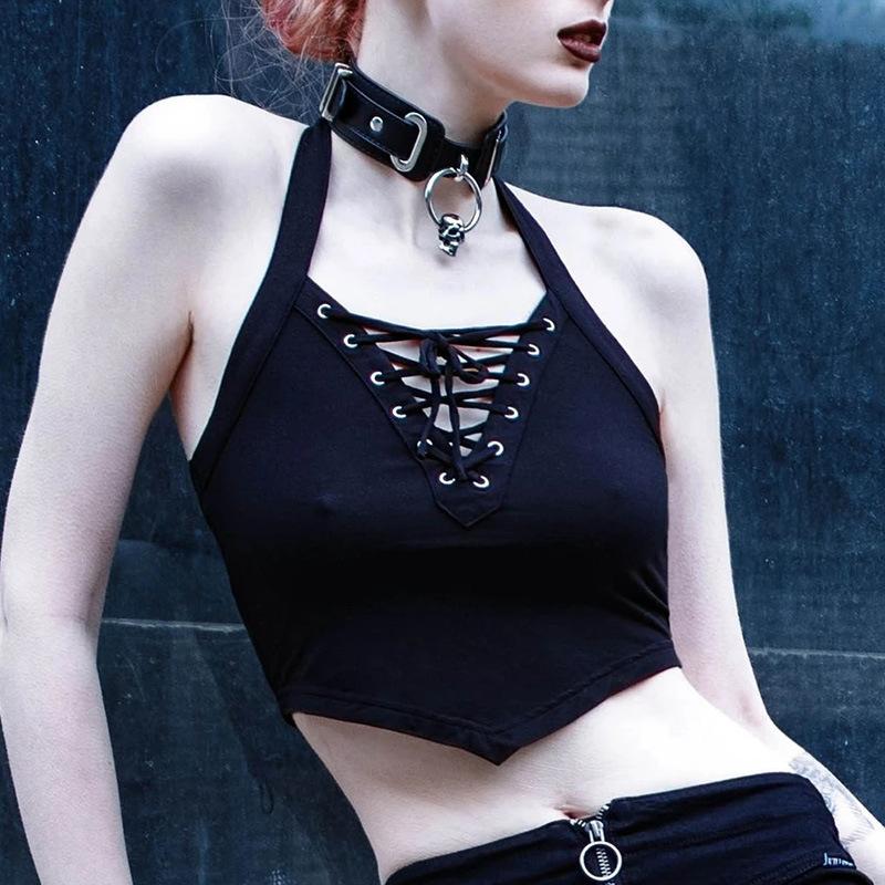 Women' Tanks & Camis Sexy E-Girl Camisetas Halter Neck Lace Up Backless Crop Top Women Punk Asymmetrical Sleeveless Cropped V Black T Shirt
Women' Tanks & Camis Sexy E-Girl Camisetas Halter Neck Lace Up Backless Crop Top Women Punk Asymmetrical Sleeveless Cropped V Black T Shirt