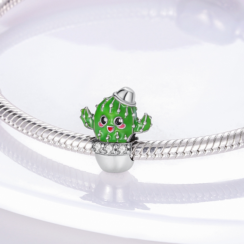 925 Sterling Silver Charm Green CZ Fairy Palm Suspension Pink Porcelain Master Beads Suitable For Ladies Bracelets Primitive Character Jewelry Gift