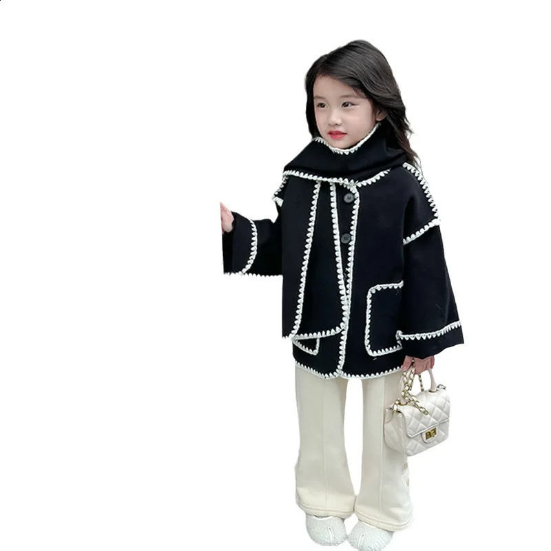 Jackets Girls Coat with Scarf Woolen 2023 Autumn and Winter Fashionable French Style Elegant Casual Simple Jacket 231109