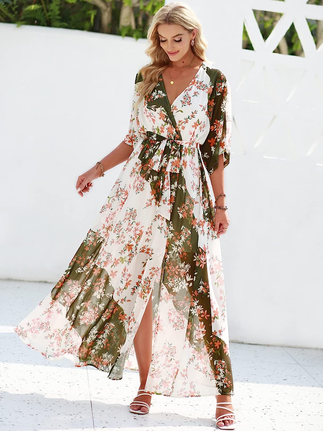 Women's Summer Loose Kimono Maxi Dress Wrap V Neck 3/4 Sleeve Floral Print Slit Long Dresses