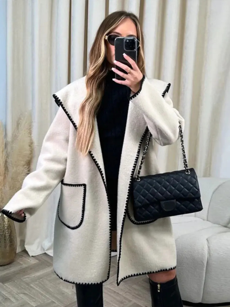 Womens Wool Blends Women Fleece Splied Hooded Coat Elegant Plush Quilted Pocket Warm Jacket Loose Chic Streetwear Outwear Autumn Winter 231110