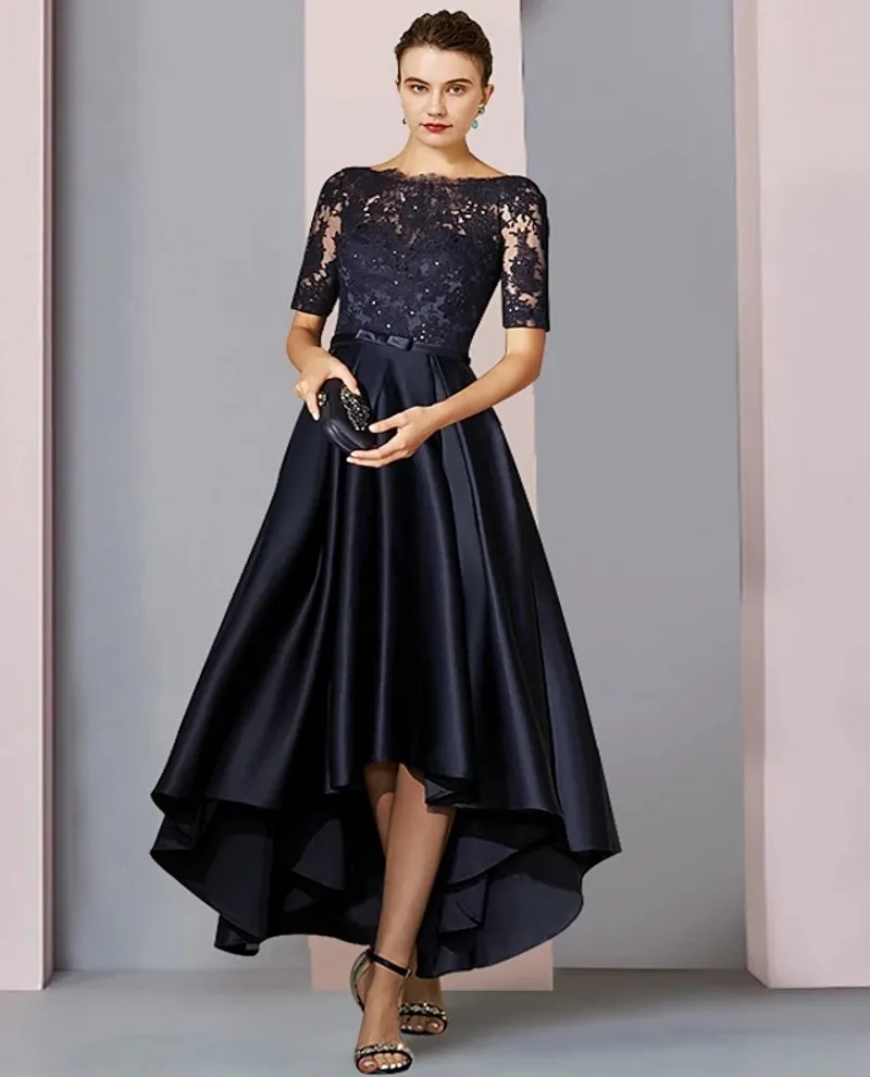 2024 Black High Low Mother of the Bride Groom Dress Scoop Satin Lace Short Sleeve with Bow(s) Wedding Party Gowns Plus Size