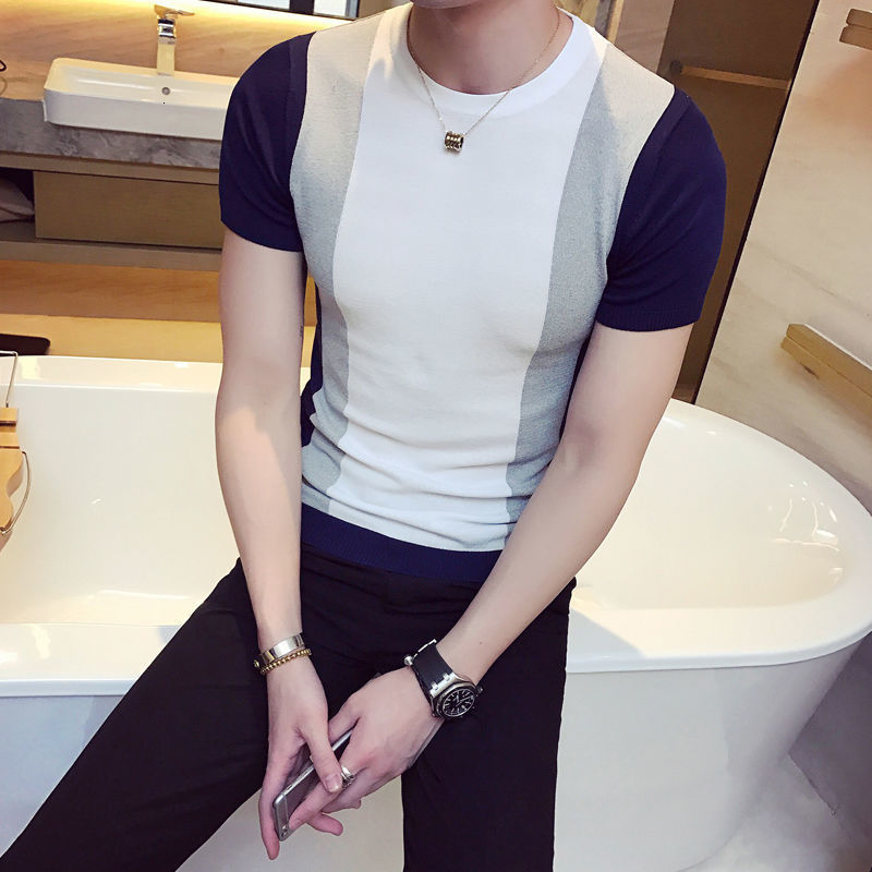 Men's T-Shirts Fashion Spring/Summer Men's Short Sleeve Thin Silk Knitted T-shirt Casual Slim Fit Contrast Color Striped Top 230410