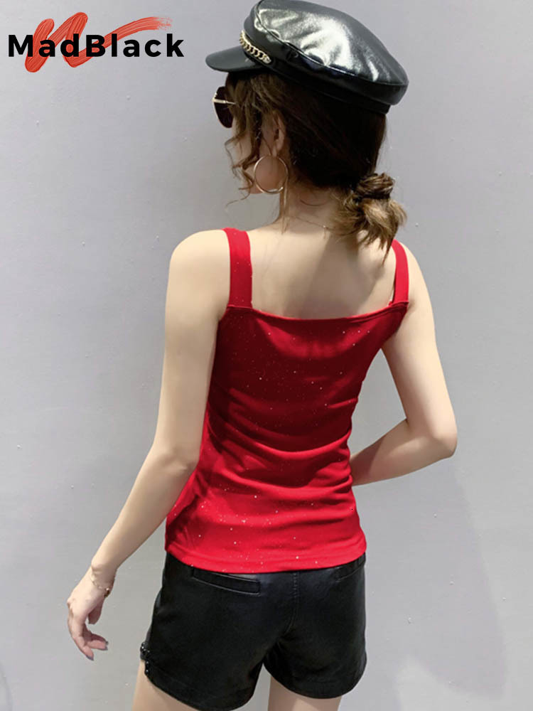 Camisoles Tanks MadBlack Summer Korean Apparel Mesh Tank Top Fashion Sexy V-neck Edge Diamond Shiny Women's Top Sleeveless All Match T25914L 2304
